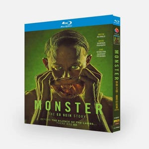 May include: Blu-ray disc of the film "Monster: The Ed Gein Story." The cover shows a close-up of a man with a disturbing expression, with the title "Monster" in large green letters. The disc is in a blue case.