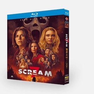 May include: A Blu-ray disc case for the film "Scream". The cover shows a collage of actors and the Ghostface mask. The title "Scream" is displayed with a fiery background. The case is blue with the Blu-ray logo and the text "Fear Hits Home".