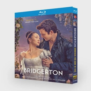 May include: A Blu-ray disc case for the television series "Bridgerton" features a romantic image of a man and woman. The case is blue with the show's title and season information. The text "Unmask True Love" is also visible.