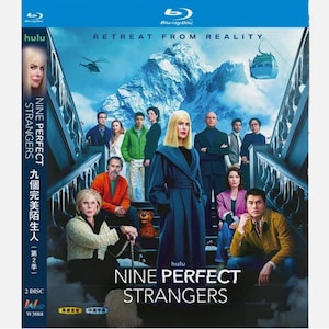 May include: Blu-ray disc case for "Nine Perfect Strangers" with a group of people on a staircase against a mountain backdrop. The Hulu logo is present, and the text "Retreat From Reality" is displayed.