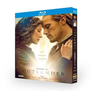 May include: Blu-ray disc for "Outlander" Season 8, featuring a couple in profile with the words "Past, Present, Forever." The disc case is blue with the Blu-ray logo and the Starz logo.
