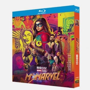 May include: Blu-ray box set for the Marvel Studios series Ms. Marvel. The cover features a collage of characters in vibrant colours, with the title prominently displayed. The box is blue and orange.