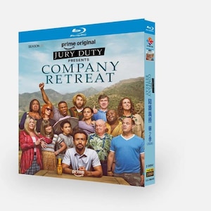 May include: A Blu-ray disc case for "Company Retreat" from Prime Original's "Jury Duty" series. The cover shows a group of people in front of a mountain backdrop. The case is blue with the show's title and season number.