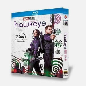 May include: Blu-ray case for the Marvel Studios series "Hawkeye." The cover shows two characters with bows and arrows, set against a backdrop of concentric circles. The Disney+ logo is visible.