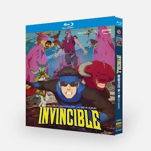 May include: Blu-ray disc case for the animated series "Invincible." The cover shows an action scene with various characters, including a superhero in a blue and black suit. The title "Invincible" is displayed in yellow.