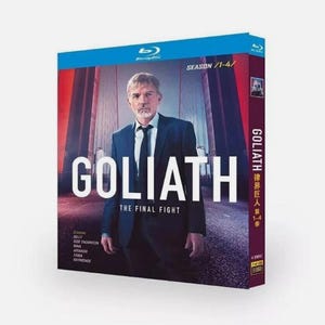 May include: A Blu-ray box set for the television series "Goliath: The Final Fight." The cover features a man in a suit with the show's title in large white letters. The box set includes seasons 1-4 and is labeled 1080.