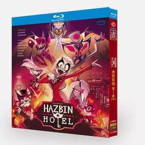 May include: Blu-ray disc case for Hazbin Hotel Season 1, with a colourful illustration of the show's characters. The case has a blue top and a red spine with Japanese text. The title "Hazbin Hotel" is displayed.