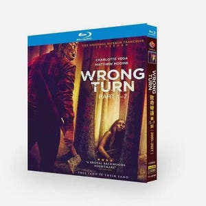 May include: A Blu-ray box set for the horror film "Wrong Turn: Part 1-7". The cover shows a figure with an axe, a woman in the woods, and the film's title. The box is blue with the Blu-ray logo.