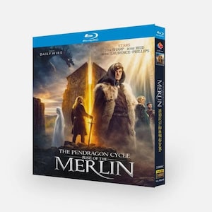May include: Blu-ray disc case for "Merlin: The Pendragon Cycle - Rise of the Merlin." The cover shows a dramatic scene with figures in medieval attire, a central figure in a fur-lined cloak, and the title text.