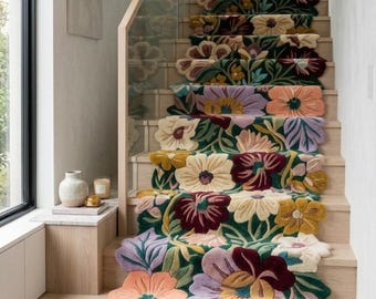 May include: A stair runner carpet featuring a deep green background with a dense, multi-colored floral pattern. The design includes large, textured flowers in shades of burgundy, lavender, peach, mustard yellow, and light blue, covering the wooden stairs.