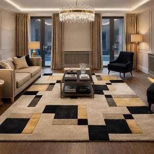 Hand Tufted Geometric Patchwork Wool Rug: Modern Luxury Black Beige Area Carpet