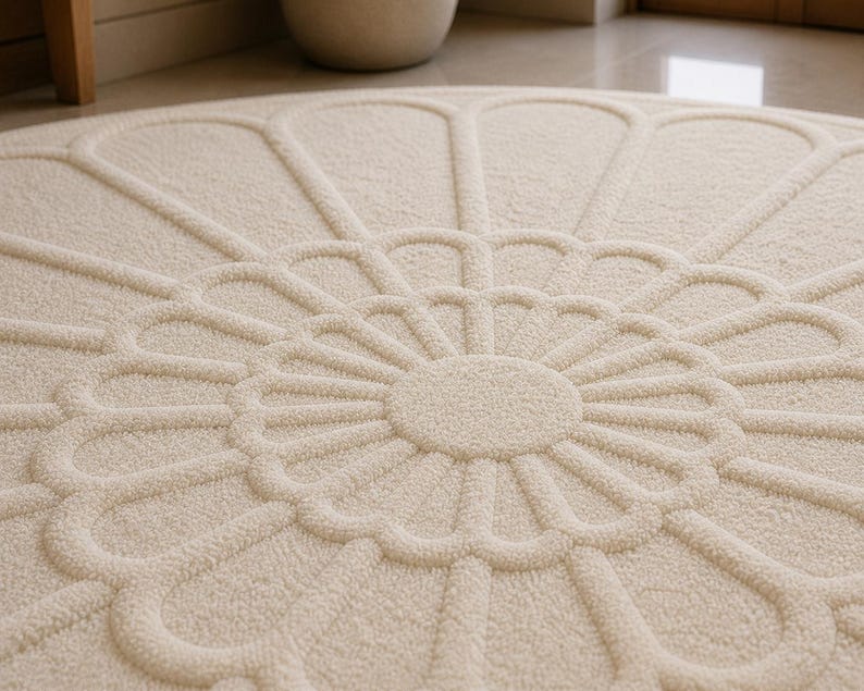 Round Cream Hand Tufted Wool Rug, Minimalist Floral Area Carpet - Etsy