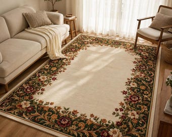 Großer Vintage-Teppich (3 x 4 m): Handgeknüpfter Wollteppich in Beige und Blau mit Blumenmuster, luxuriöse Wohnaccessoires