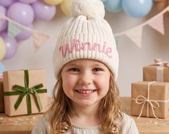 Custom Name Kids Winter Hat, Personalized Embroidered Beanie Toddler Pom Pom Gift Cozy Warm