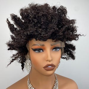 May include: A dark brown, curly wig with a lace front is displayed on a mannequin. The wig has a natural texture and volume. The mannequin is wearing a silver necklace and earrings.