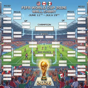 May include: A vibrant wall chart for the FIFA World Cup 2026, depicting a stadium scene with a golden trophy. The chart includes team brackets, the tournament dates, and the text "FIFA WORLD CUP 2026 WALL CHART JUNE 11TH - JULY 19TH."