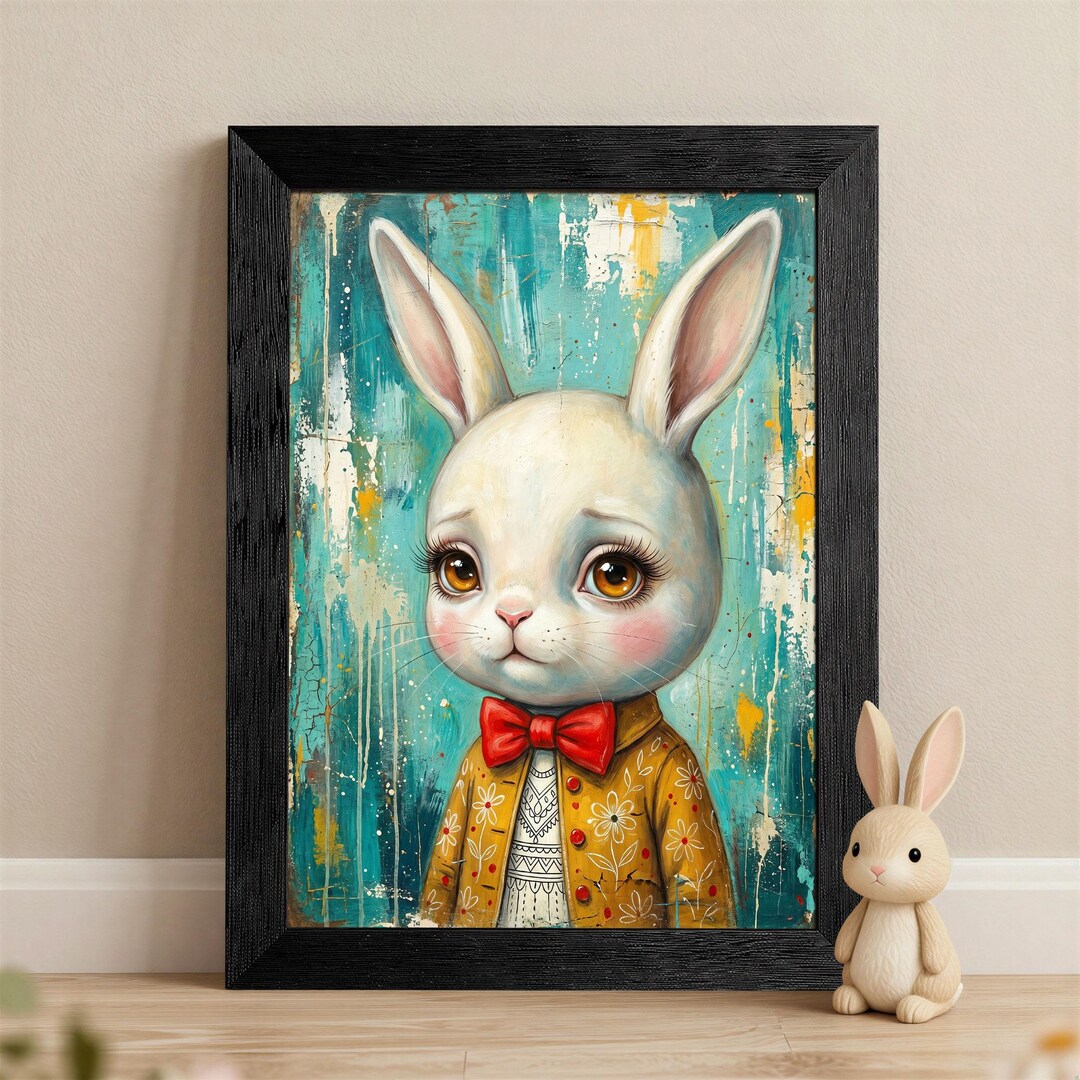 Vintage Dapper Bunny Folk Art Print, Red Bow Tie Rabbit Canvas Decor - Etsy