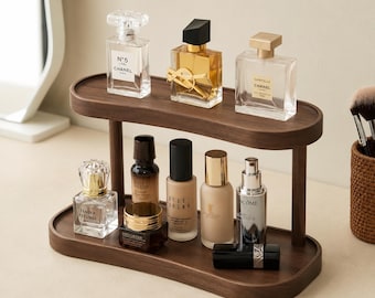 Two-Tier Black Walnut Display Shelf, Wooden Vanity Organizer, Tabletop Perfume & Cosmetic Storage Rack