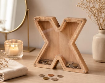 Initial X houten spaarpot, eiken spaarvarken met alfabetletter en transparant venster