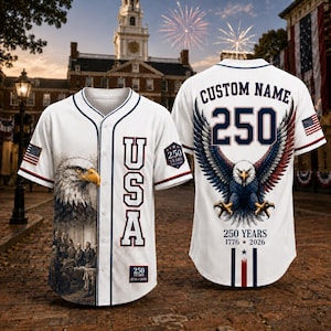 Custom US Flag Baseball Jersey, America 250th Shirt, Personalized 4th of July Patriotic Eagle Apparel, 1776 2026 Declaration of Independence