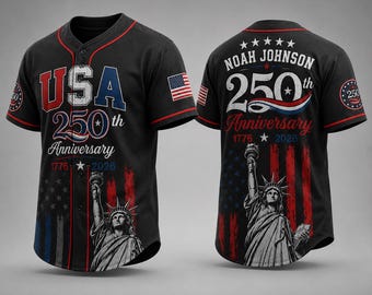 Camiseta de béisbol personalizada negra del 250 aniversario de EE. UU., camiseta patriótica personalizada 1776-2026, camiseta para hombre del 4 de julio, Estatua de la Libertad
