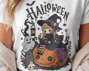 Halloween Witch Sitting on Pumpkin T-Shirt | Spooky Autumn Graphic Tee