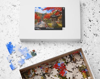 Kyoto Autumn Temple Jigsaw Puzzle, Japanese Watercolor Art, Cat and Kimono Design, 252-520 Pieces