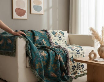 Vogel Jacquard Baumwolle Gaze Sofa Überwurf | Doppelseitig gewebte Couch Decke