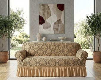 Europäischer Blumenjacquard-Sofabezug mit Rock, rutschfester Möbelschutz