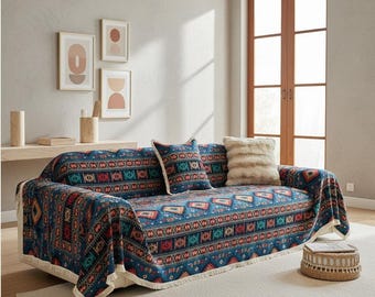 Ethno Jacquard Sofa Decke, Boho Couch Überwurf, gewebter Möbel Beschützer