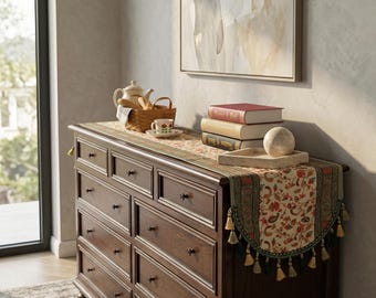 Luxus Boho Quaste Tischläufer - Floraler geometrischer Druck, leichtes Esszimmer Dekor