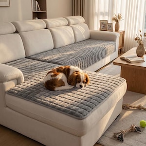 May include: A cream-coloured sectional sofa with grey quilted cushion covers. A small dog with brown and white fur is curled up asleep on the ottoman. The room has a neutral colour palette with natural light.