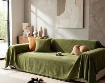 Minimalistischer Chenille-Sofaüberwurf mit Fischgrätenmuster, neutrales Wohndekor