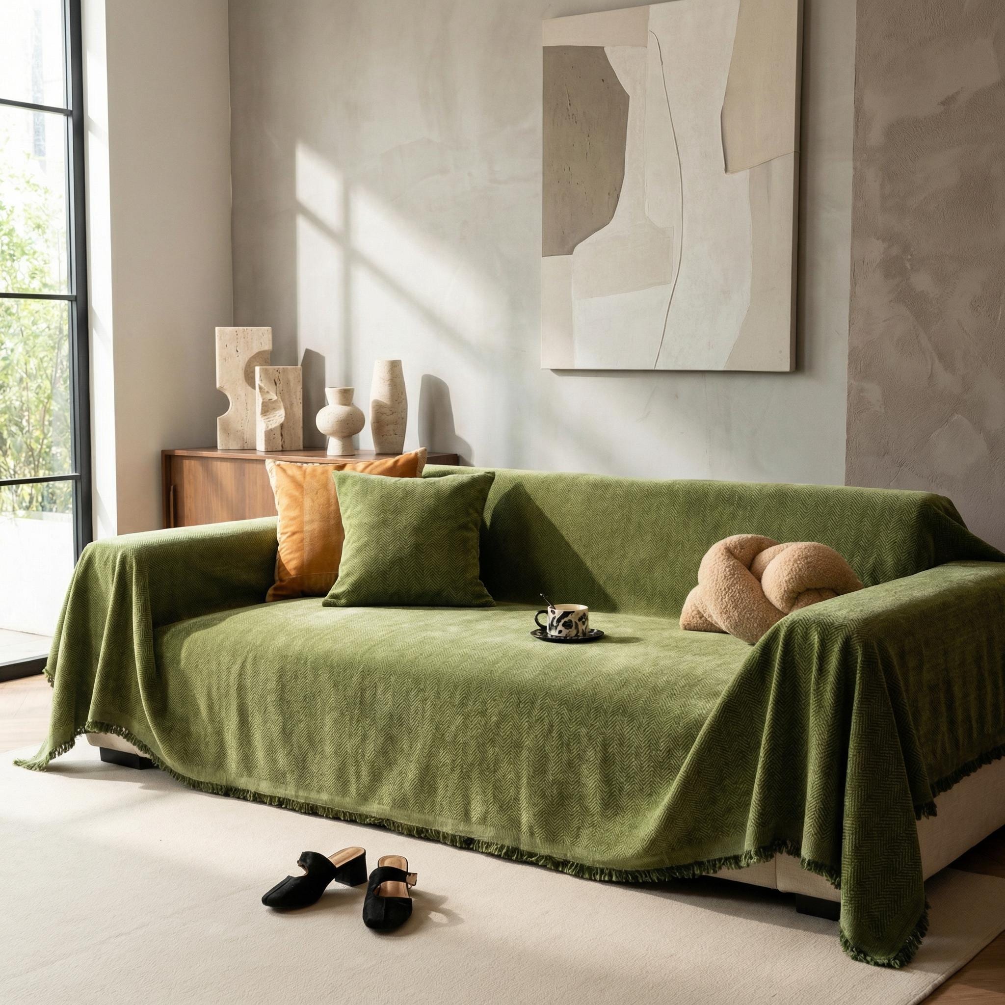 Minimalistische chenille-slaapbank met visgraatmotief en kwastjes, neutraal interieur