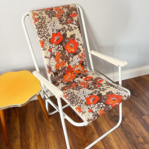 CHAISE DE CAMPING pliante motifs floraux orange rouge vintage années 70 retro n3 EUR 40,00 - FR