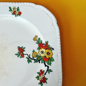 Può includere: Un piatto in ceramica bianca con un bordo ondulato e un motivo floreale. I fiori sono rossi, gialli e verdi.