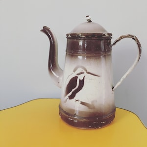 Könnte beinhalten: Eine braune und weiße Emailleteekanne mit einem Vogelmotiv. Die Teekanne hat einen weißen Deckel mit einem Knopf oben. Die Teekanne steht auf einer gelben Oberfläche.