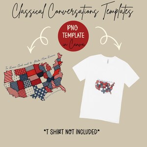 Peut inclure: Un modèle de conception numérique présentant une carte des États-Unis remplie de motifs rouges, blancs et bleus, avec le texte To Know God and to Make Him Known. Le graphique est présenté seul et sur un t-shirt blanc.