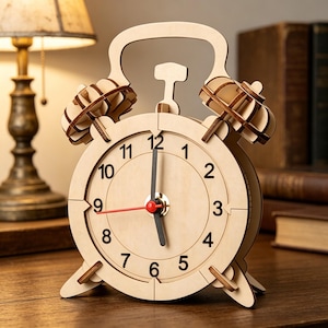 May include: A light brown wooden alarm clock. The clock has a round face with black numerals and hands, and a red second hand. The clock features two bells on top and stands on two feet. The time is approximately 6:00.