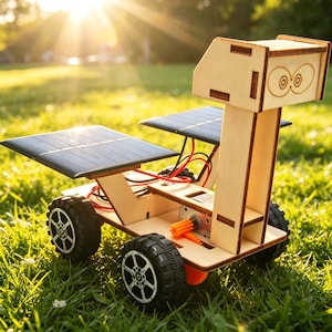 Puede incluir: Un kit de coche con energía solar de madera con dos paneles solares negros y cuatro ruedas negras y plateadas. El coche tiene un marco de madera marrón claro y un engranaje naranja. El fondo es hierba verde con luz solar.