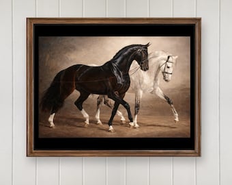 Puede incluir: Una obra de arte enmarcada con dos caballos. Uno es negro, el otro blanco, ambos con bridas detalladas. Los caballos se representan en una pose de paseo sobre un fondo neutro, creando un tema ecuestre clásico.