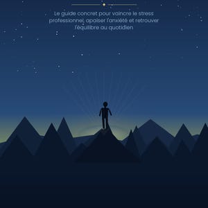 May include: Book cover with the title "REPRENDRE LE CONTRÔLE" in white letters. Below the title is the text "Le guide concret pour vaincre le stress professionnel, apaiser l'anxiété et retrouver l'équilibre au quotidien". A silhouette of a person stands atop a mountain.
