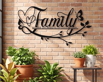 Metalen wanddecoratie met familiecitaat, Liefde eindigt nooit, zwart ijzeren bord, rustiek huisbord, Moederdagcadeau, citaat voor aan de muur