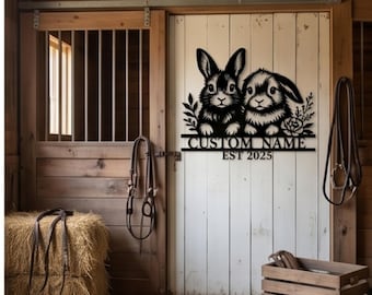 Tuinbord decor konijnenhok, op maat gemaakt metalen bord, Cottagecore aangepaste boerderijplaquette