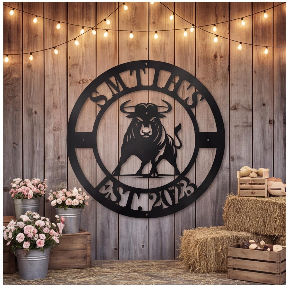 Bull Metal Sign, Personalized Farmhouse Decor With Name, Round Ranch ...