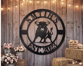 Metalen bord stier, gepersonaliseerd boerderijdecor met naam, ronde plaquette met boerderijvee, buitenwerfkunst westers welkomstcadeau
