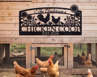 Gepersonaliseerd bord voor een kippenhok, op maat gemaakte metalen decoratie in boerderijstijl, zonnebloem, haan, hen, kuikens, schuur, tuincadeau