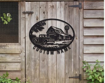 Aangepaste metalen bord vrachtwagen, vintage schuurdecor voor boerderijgarage, gepersonaliseerd boerderijbord voor opritpoort, uniek rustiek ranchcadeau