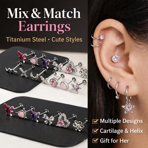 G23 Titanium Cartilage Stud Set, Butterfly Heart CZ Earring, Hypoallergenic Piercing Jewelry