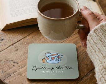 Spilling the Tea Coaster Set | Book Club Tea Cup Illustration, Sage Floral Coasters